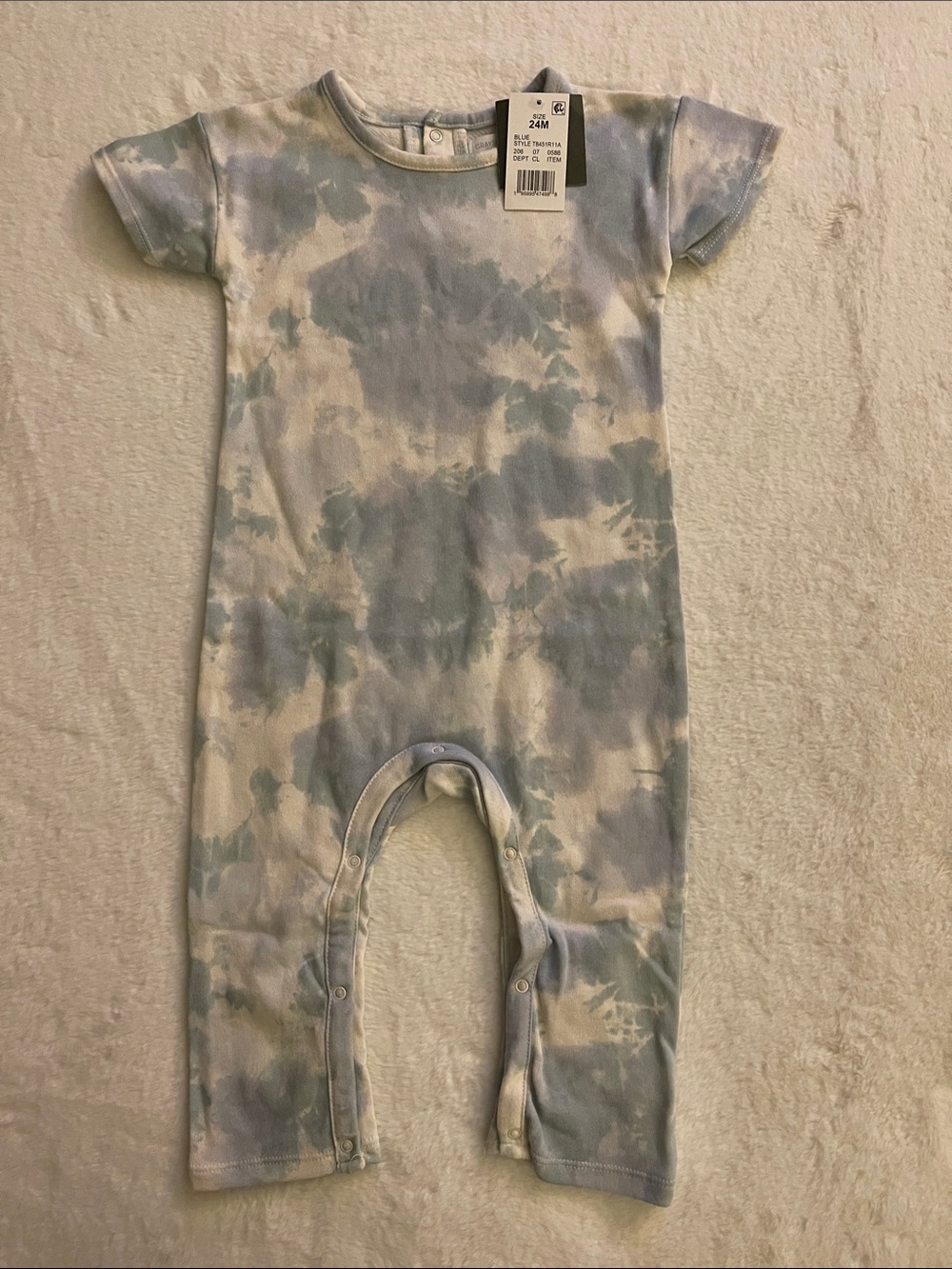 Grayson Mini Tie-Dye Short-Sleeve One-Piece Romper in Light Blue Cream SZ 24 m